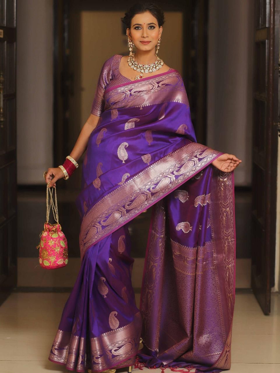 Pure Gold Zari Lichi Silk Saree