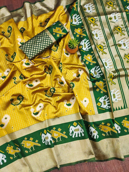 Soft Lichi Printed Saree with Elephant Border