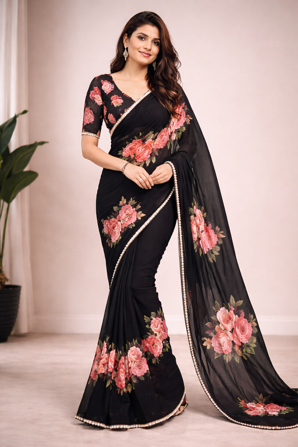 Floral Digital Print Georgette Saree With Pearl Lace Border