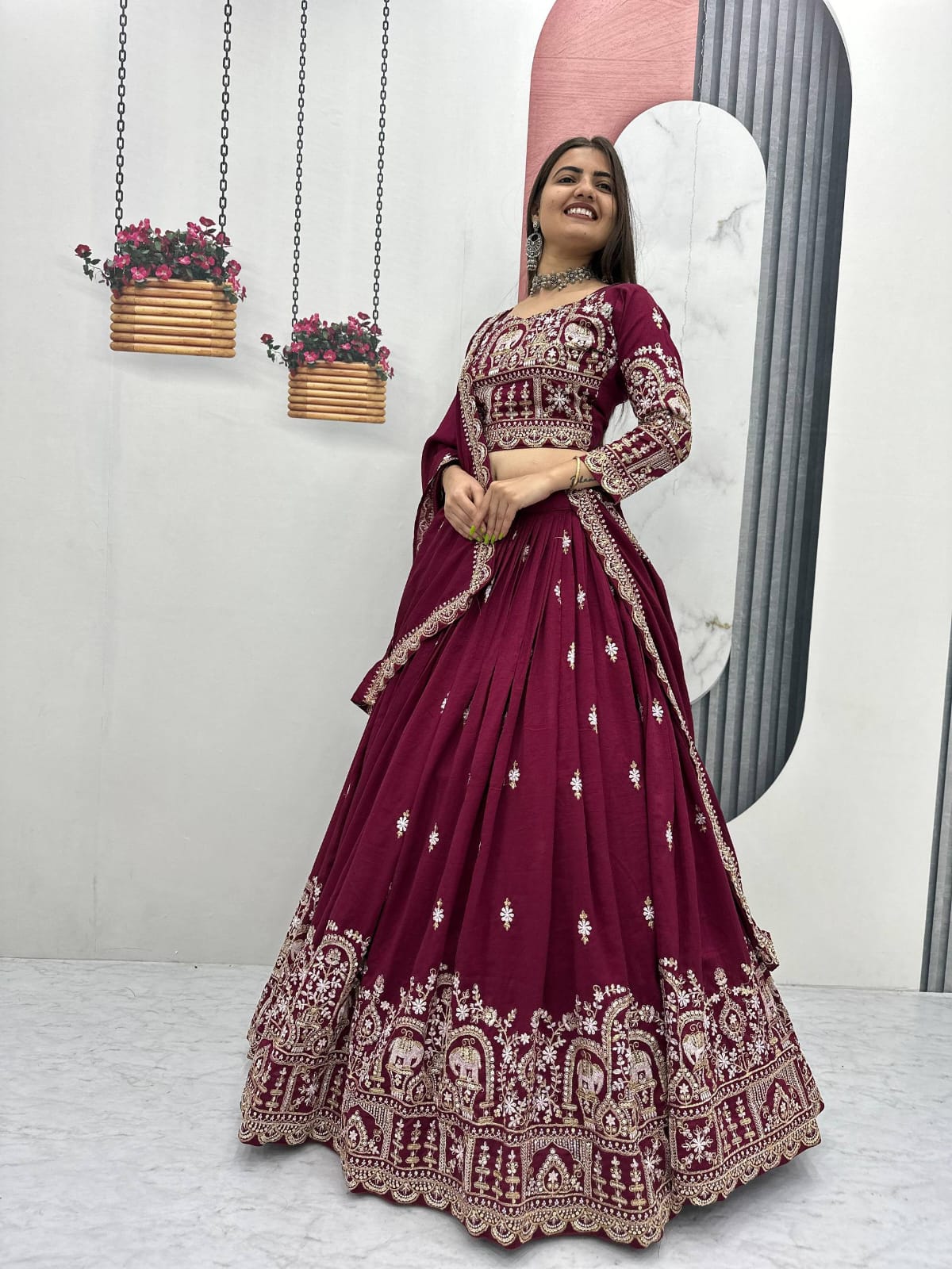 Maroon Heavy Embroidery Vichitra Silk Lehenga Choli