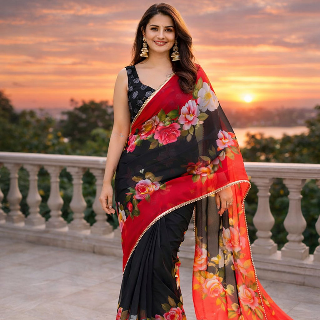 Soft Georgette Digital Print Saree With Pearl Lace Border
