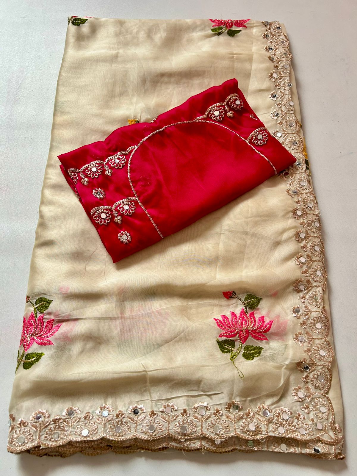 Designer Rangoli Silk Saree With Embroidery Work & Real Mirror Cutwork Border