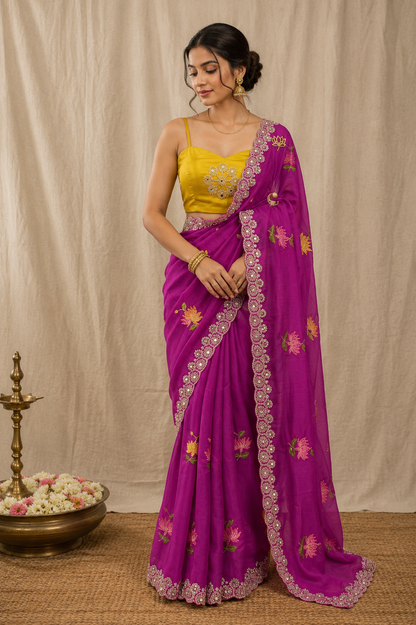 Designer Rangoli Silk Saree With Embroidery Work & Real Mirror Cutwork Border