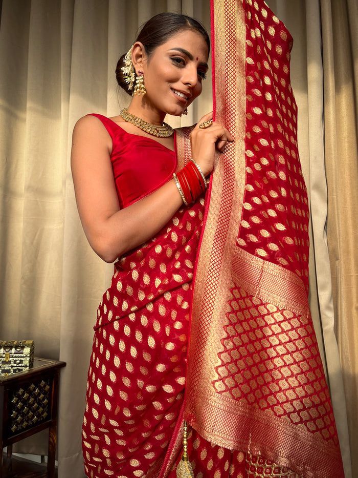 Red Gold Buti Saree