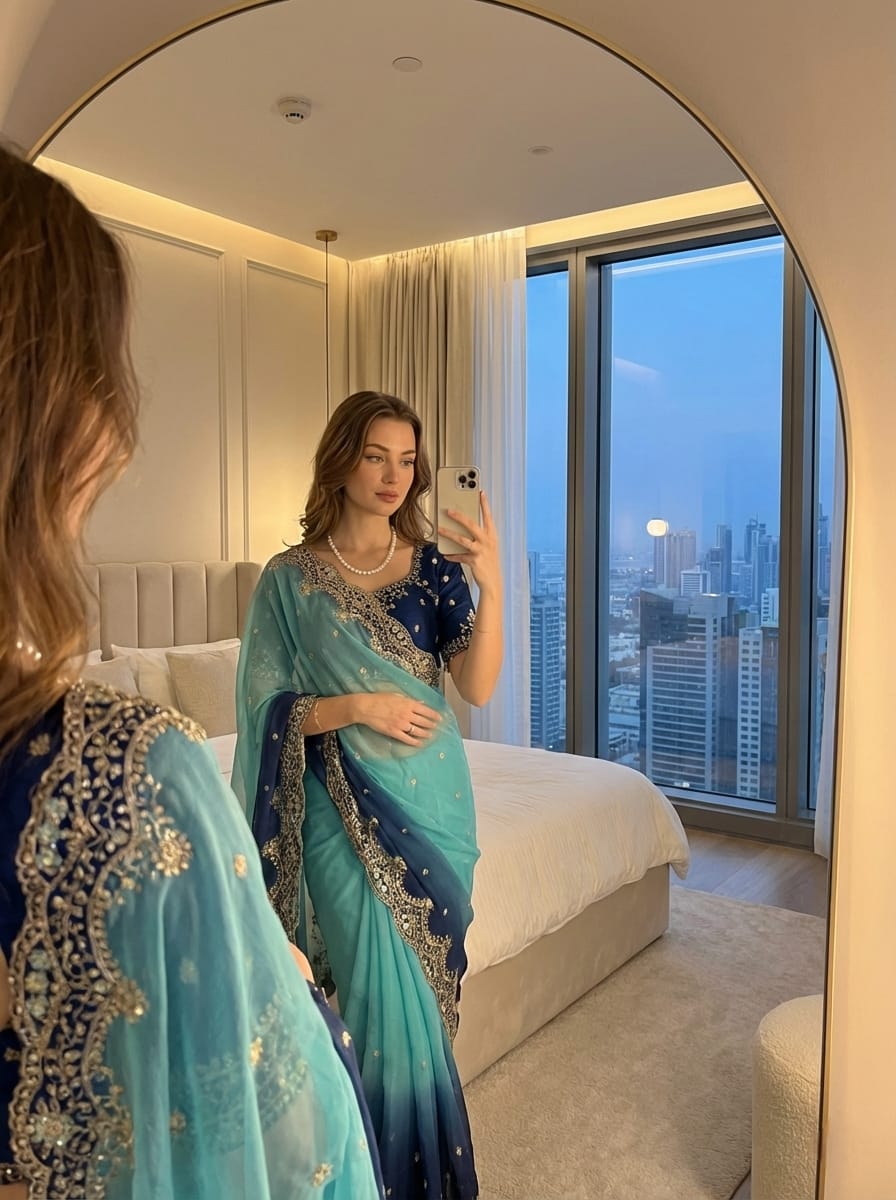 Shipra Moss Embroidery Saree With Stitched Blouse