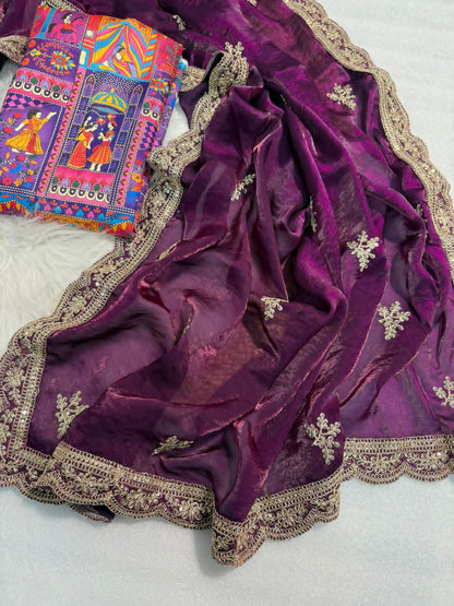 Premium Fendy Satin Saree with Coding Sequence Work