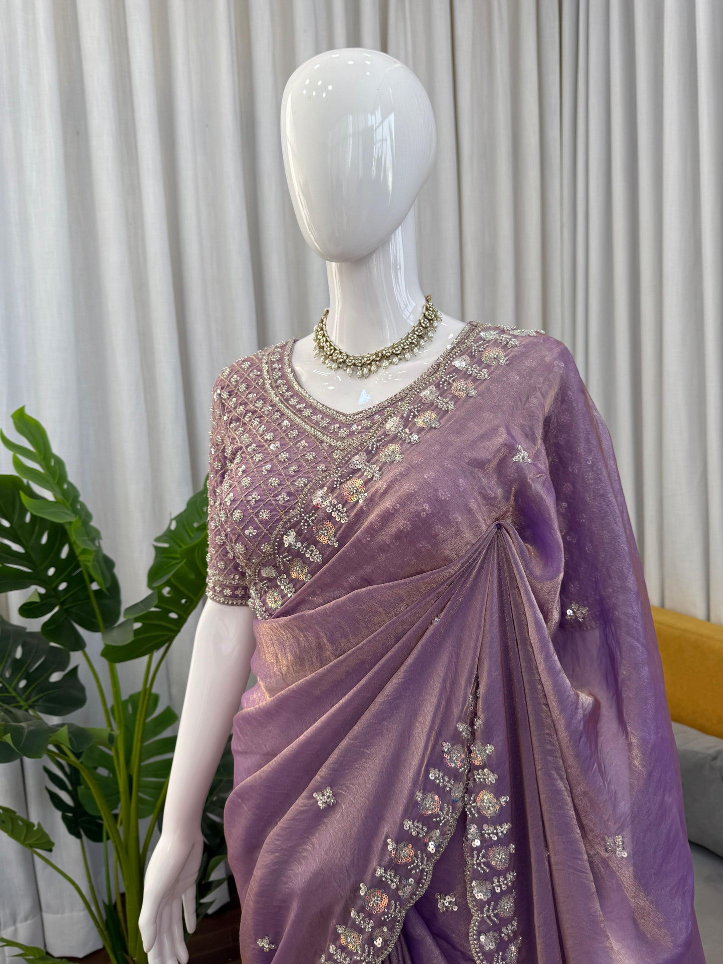 Women Lavender Fendy Silk Heavy Beads & Sequins Embroidered Designer Saree