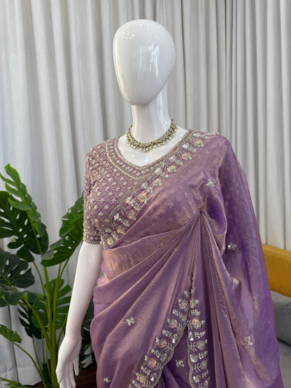 Women Lavender Fendy Silk Heavy Beads & Sequins Embroidered Designer Saree
