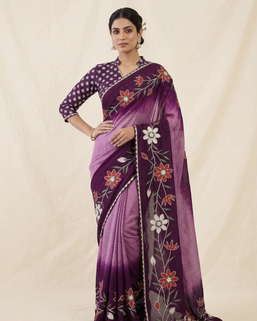 Ombre Floral Printed Saree with Designer Border – Trendy Daily & Festive Wear