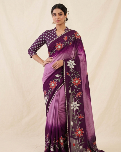 Ombre Floral Printed Saree with Designer Border – Trendy Daily & Festive Wear
