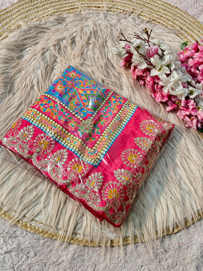 Latest Chinon Digital Print Kalamkari Inspired Saree with Gotapatti Work