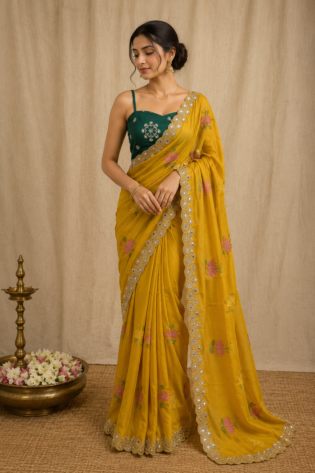 Designer Rangoli Silk Saree With Embroidery Work & Real Mirror Cutwork Border