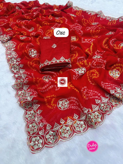 Bandhani Printed Saree with Rich Embroidered Border – Festive & Traditional Wear (2 Colors)