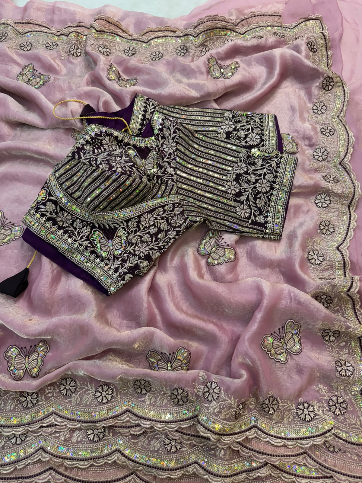 Sabyasachi Inspired Space Silk Saree with Butterfly Embroidery & Stitched Blouse