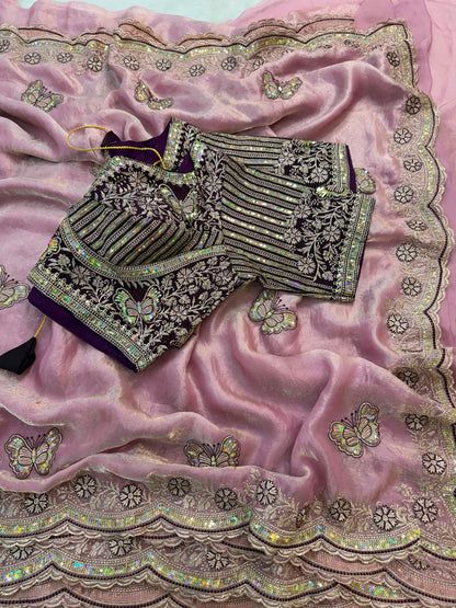 Sabyasachi Inspired Space Silk Saree with Butterfly Embroidery & Stitched Blouse