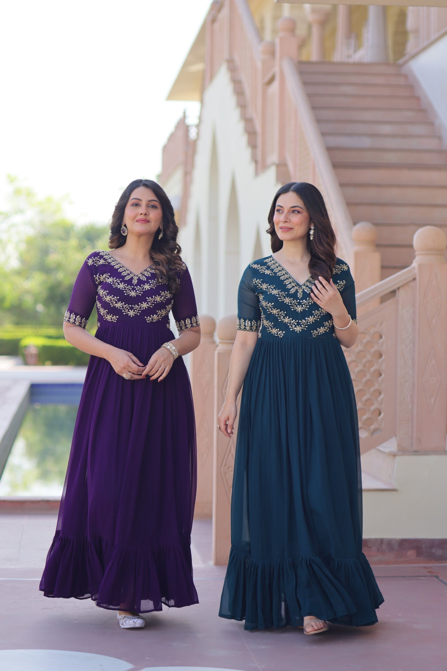 Premium ReadyMade Designer Gown | Faux Blooming Embroidered Party Wear Gown | Rama & Purple