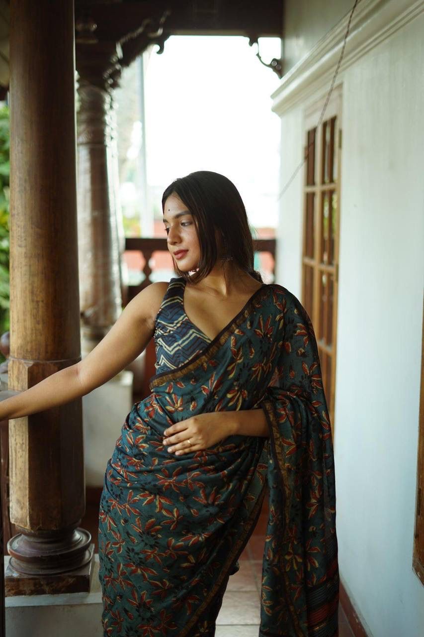 Pure Linen Chanderi Saree with Kalamkari Print & Zari Border