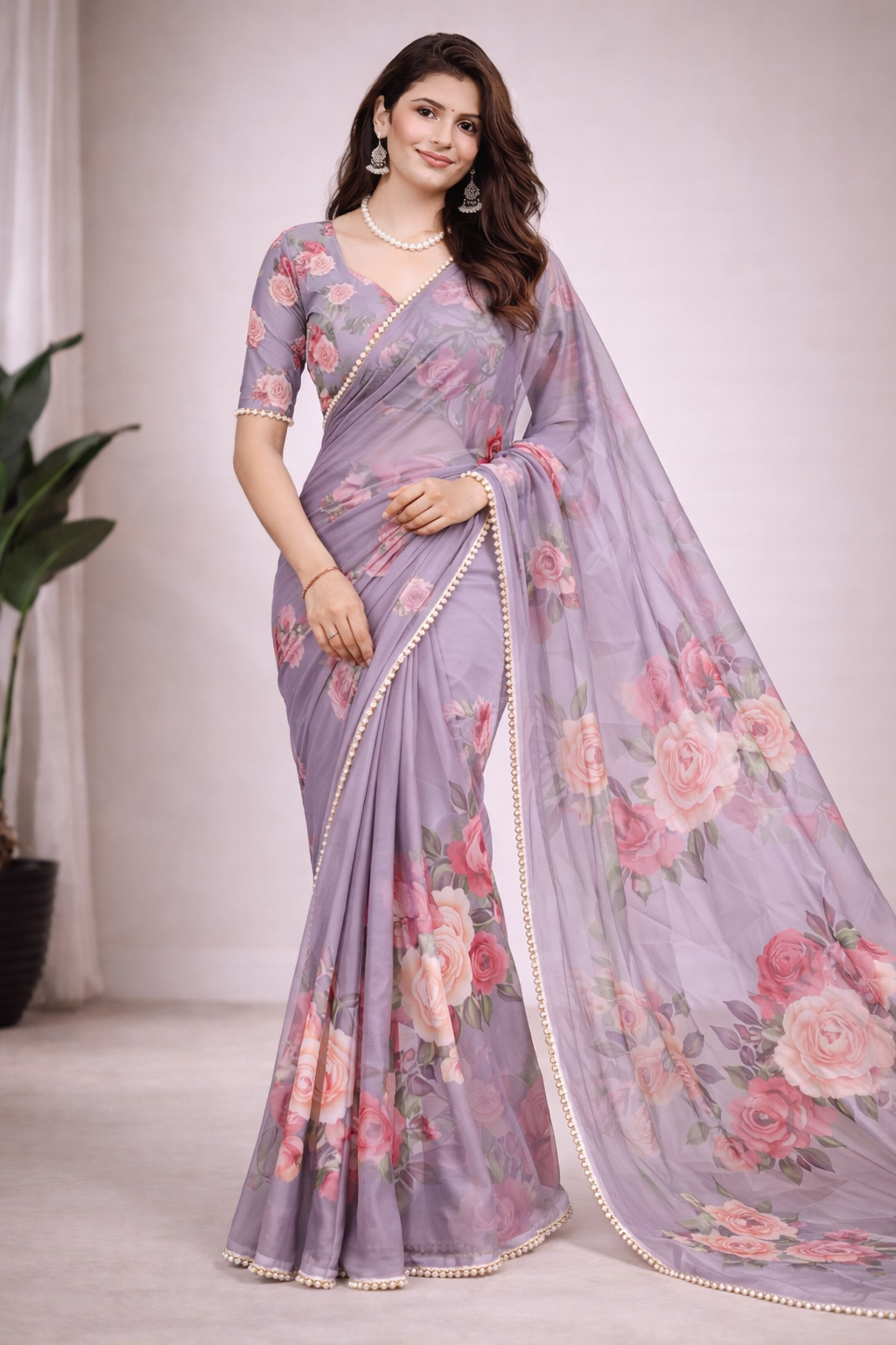 Floral Digital Print Georgette Saree With Pearl Lace Border