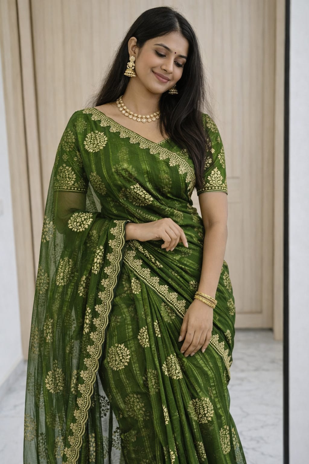 Pure Moss Georgette Embroidery Saree with Embroidered Blouse – Soft Lightweight Party Wear Saree
