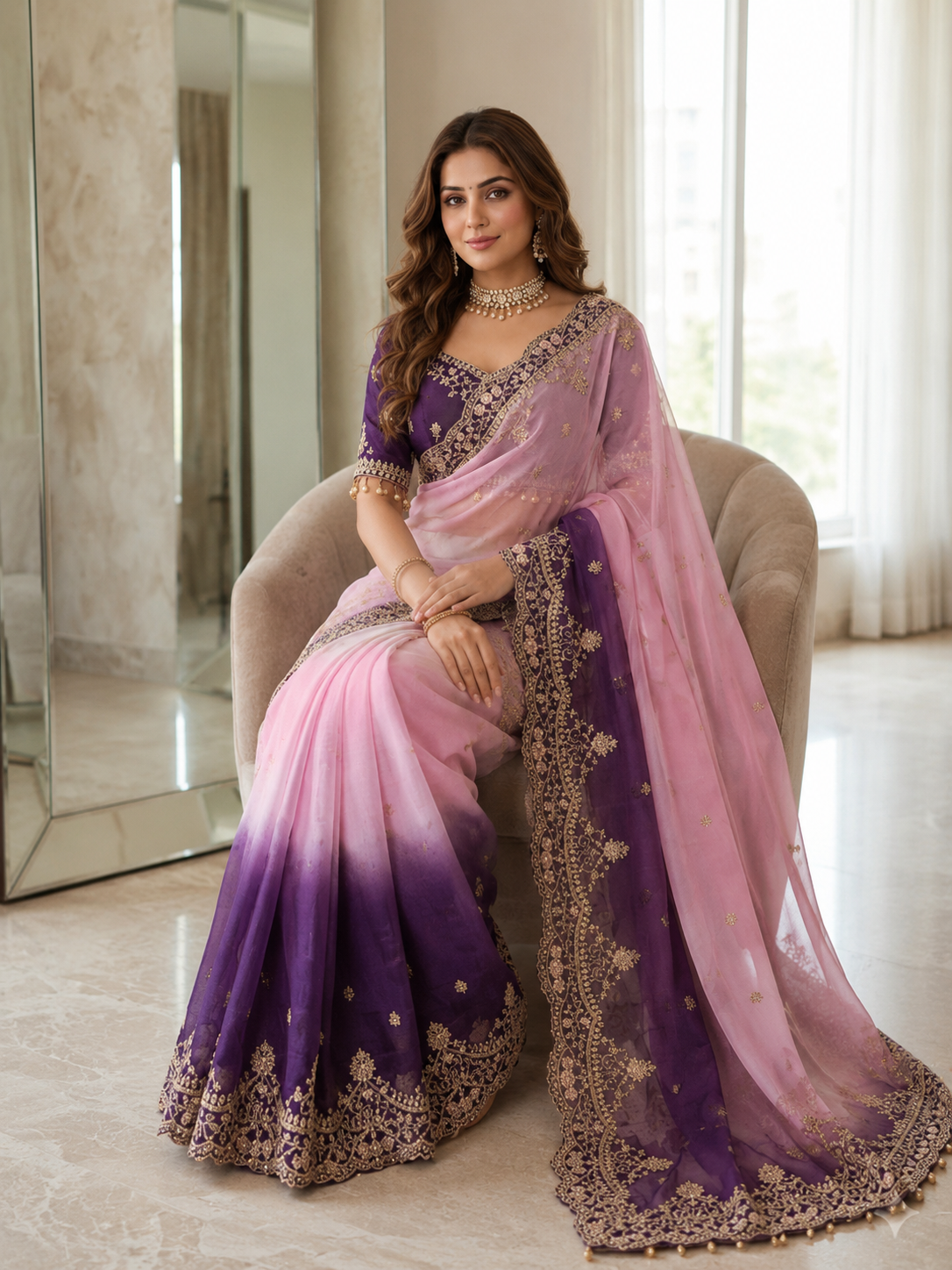 Shipra Embroidered Moss Saree with Sequins Border & Designer Stitched Blouse
