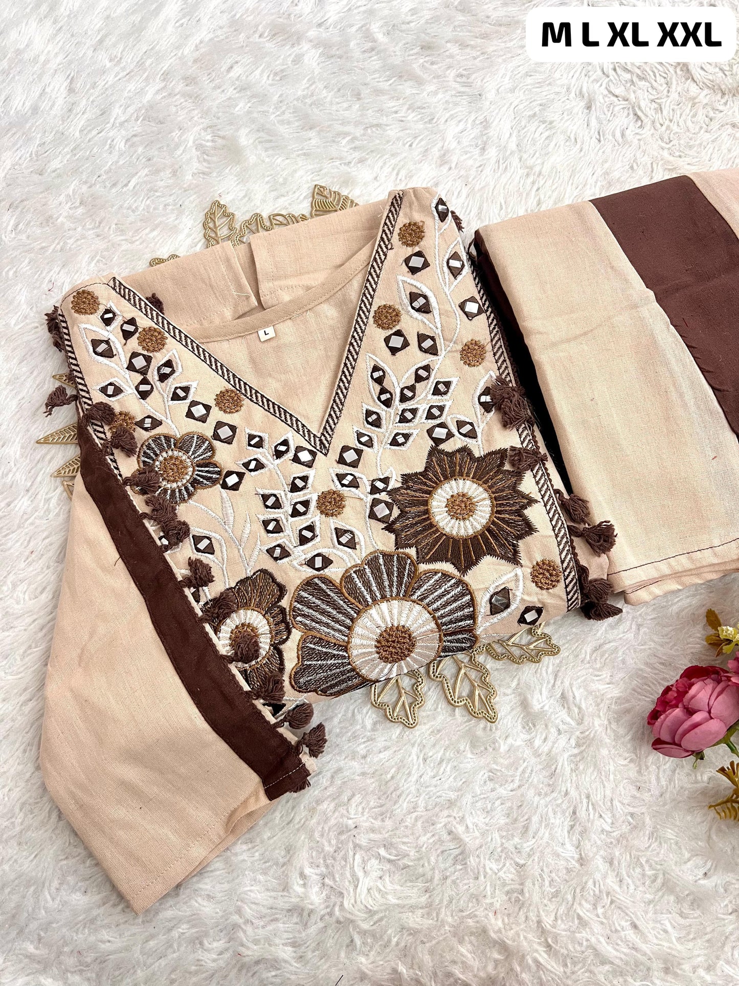 Cotton Natural Flax Mirror Work Cord-Set for Women – Embroidered Designer Top with Palazzo Pant (Cream Brown & Cream Blue)