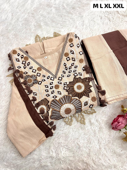 Cotton Natural Flax Mirror Work Cord-Set for Women – Embroidered Designer Top with Palazzo Pant (Cream Brown & Cream Blue)