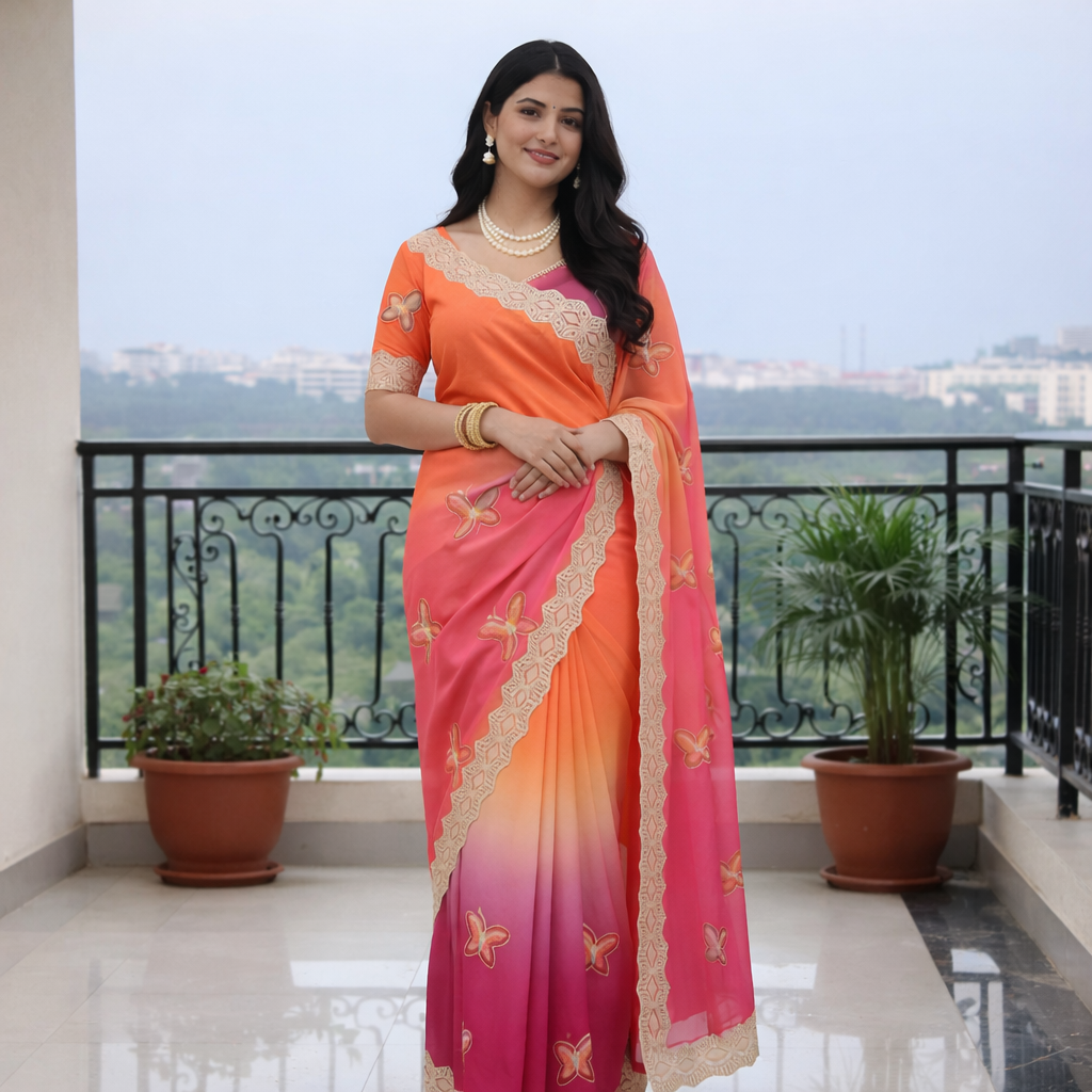 Rubina Soft Fendy Butterfly Work Saree with Gota Patti Lace Border