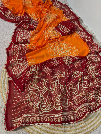 Traditional Georgette Bandhej Piliya Saree with Red Pallu & Kacchi Gota Patti Work