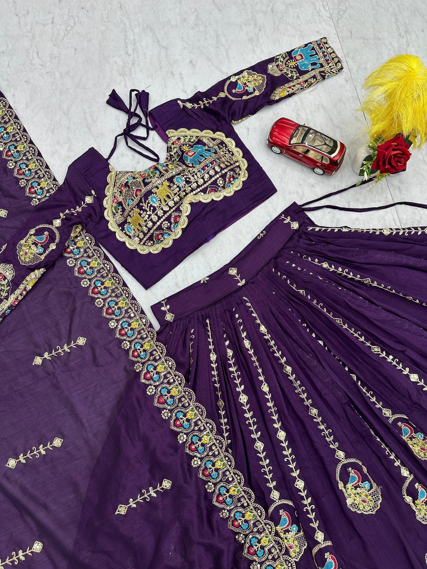 Women's Festival Wear Vichitra Silk Embroidered Lehenga Choli Set with Dupatta