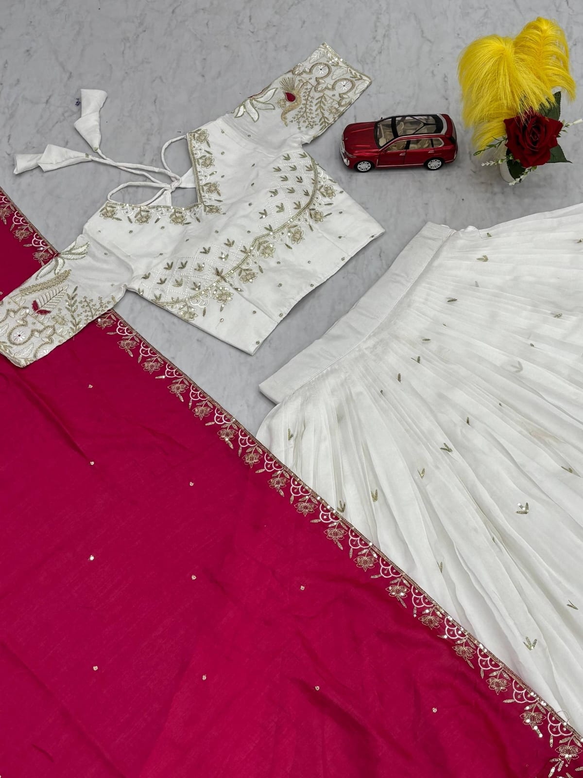 White Red Vichitra Silk Lehenga Choli