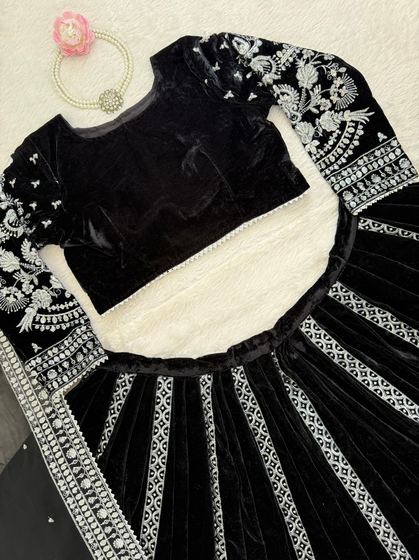 Elegant Black Velvet Lehenga Choli with Silver Thread & Sequence Work | Party Wear & Festive Collection