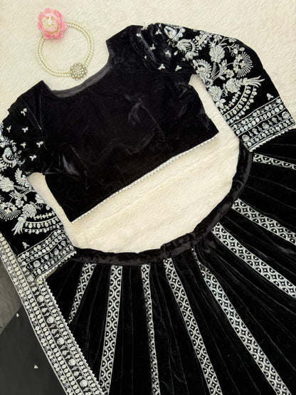 Elegant Black Velvet Lehenga Choli with Silver Thread & Sequence Work | Party Wear & Festive Collection