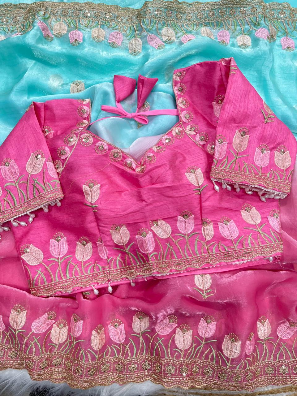 Lotus Soft Fendy Satin Saree With Embroidery Sequence & Thread Work Border
