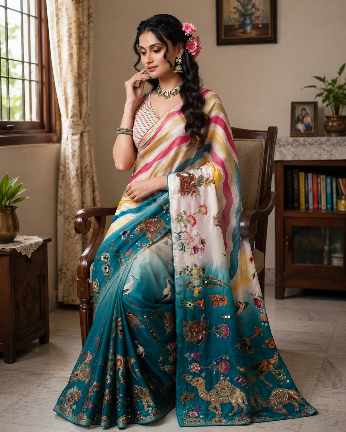 Beautiful Rajasthani Royal Look Soft Chinon Digital Saree with Mirror Work
