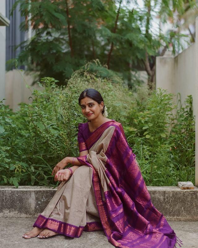 Beige Purple Border Saree