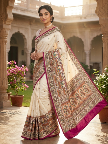 Premium Pure Moss Chiffon Saree with Peacock Floral Print & Mirror Work