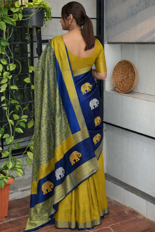 Mustard Blue Elephant Saree