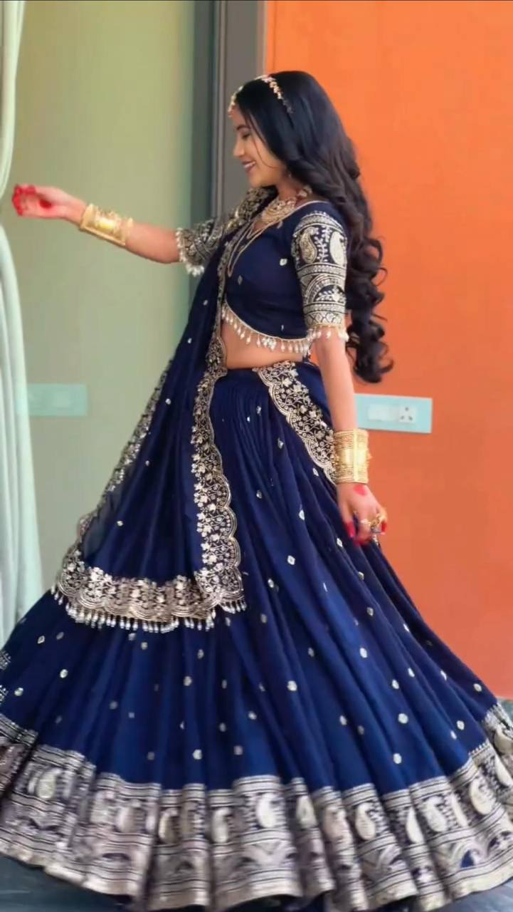 Navy Blue Fox Georgette Embroidered Festival Wear Lehenga Choli Set