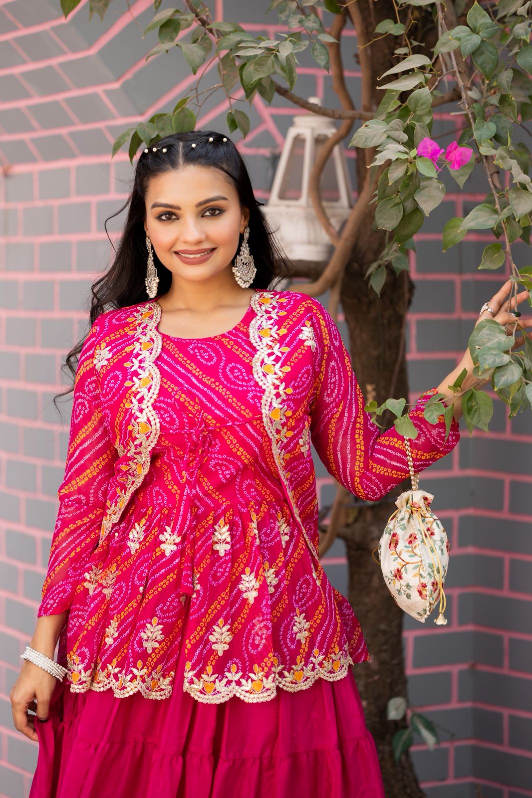 Holi Special Bandhej Lehenga Crop Top Set