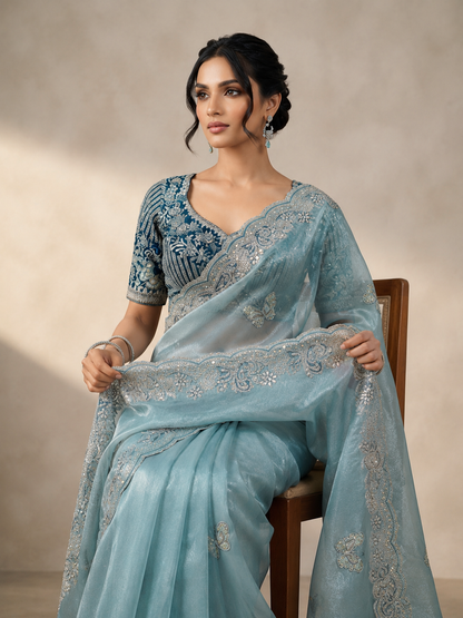 Sabyasachi Inspired Space Silk Saree with Butterfly Embroidery & Stitched Blouse