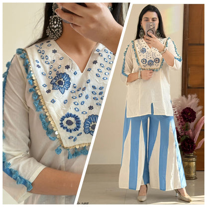 Cotton Natural Flax Mirror Work Cord-Set for Women – Embroidered Designer Top with Palazzo Pant (Cream Brown & Cream Blue)