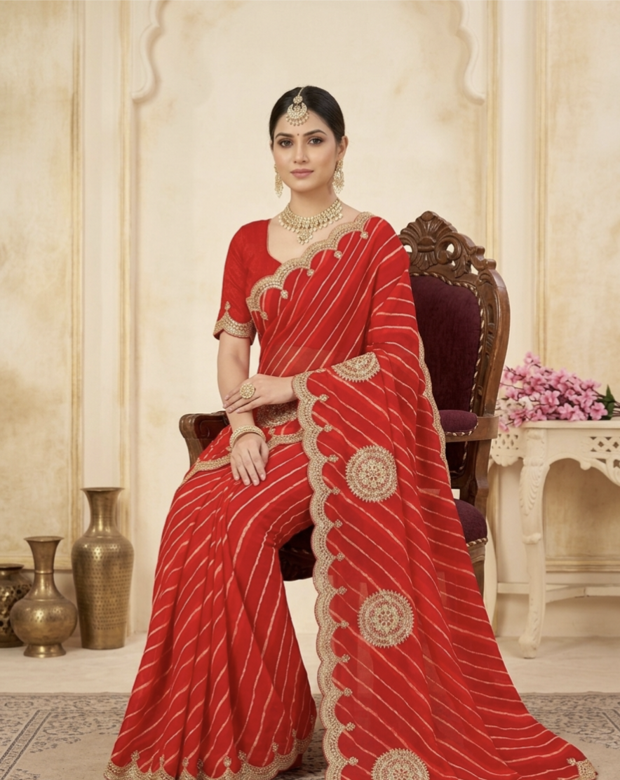 Traditional Leheriya Georgette Saree with Heavy Foil Gota Work & Cutwork Border