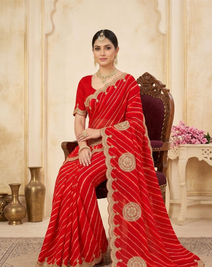 Traditional Leheriya Georgette Saree with Heavy Foil Gota Work & Cutwork Border