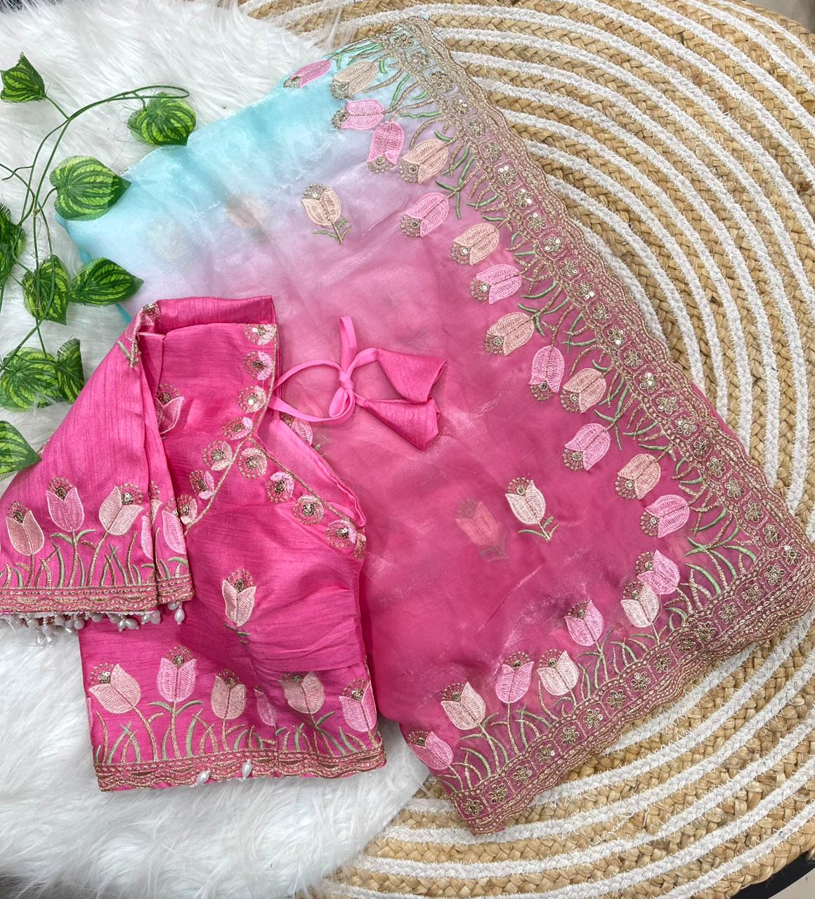 Lotus Soft Fendy Satin Saree With Embroidery Sequence & Thread Work Border