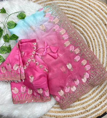 Lotus Soft Fendy Satin Saree With Embroidery Sequence & Thread Work Border