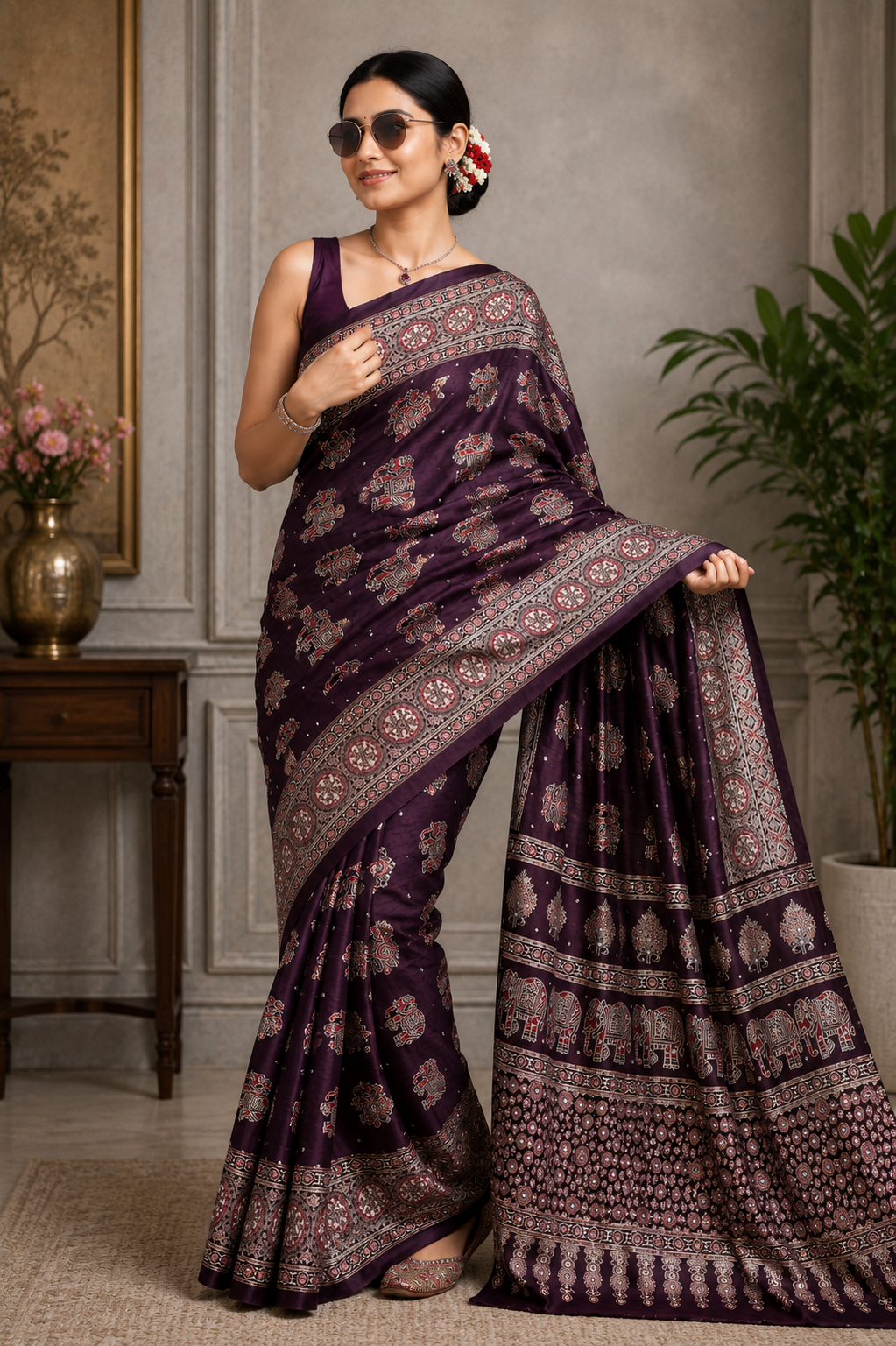 Elegant Ajrakh Pure Gajji Bandhej Soft Silk Saree With Mirror Work