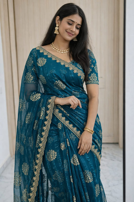 Pure Moss Georgette Embroidery Saree with Embroidered Blouse – Soft Lightweight Party Wear Saree