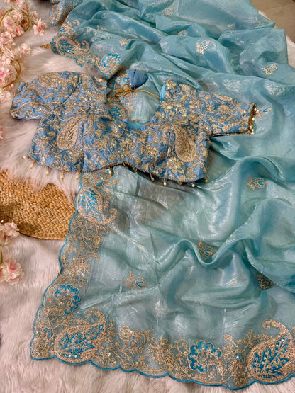 Elegant Crystal Crush Tissue Saree – Designer Embroidered Party Wear