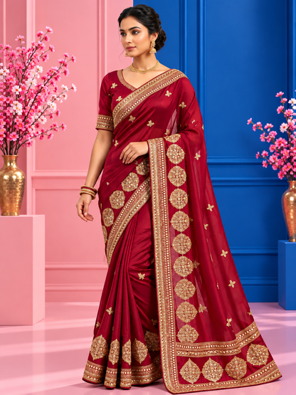 Premium Vichitra Silk Saree with Heavy Zari Sequins Work, Butti & Cutwork Border