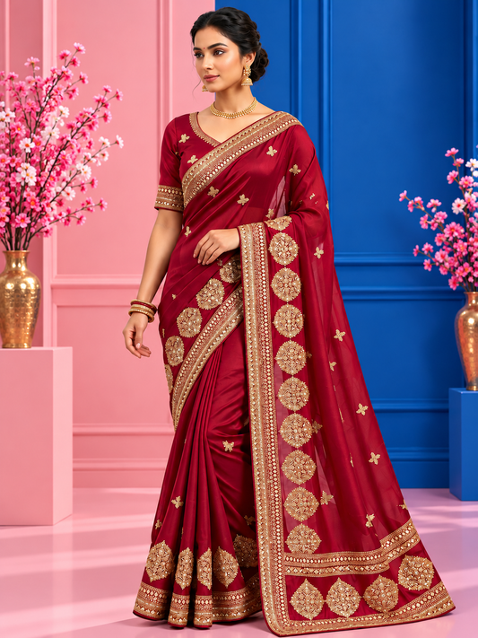 Premium Vichitra Silk Saree with Heavy Zari Sequins Work, Butti & Cutwork Border